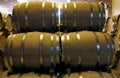View of stacked casks at a whisky distillery in a row at the storage Royalty Free Stock Photo