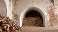 View of Stacked Firewood Inside an Old Brick Storage Room Royalty Free Stock Photo