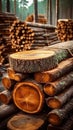 view Stacked tree lumber circular wooden piece, raw material for furniture