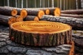 view Stacked tree lumber circular wooden piece, raw material for furniture