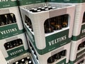 View on stacked Veltins beer crates in german beverage store