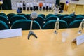 View of the stage from the jury table with microphone. Place for judges to assess the performance of singers. Assessment of the