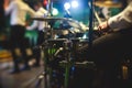 View of stage during rock-concert, with musical instruments and scene stage lights, rock show performance, before the performance, Royalty Free Stock Photo