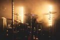 View of stage during rock-concert, with musical instruments and scene stage lights, rock show performance, before the performance, Royalty Free Stock Photo