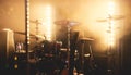 View of stage during rock-concert, with musical instruments and scene stage lights, rock show performance, before the performance Royalty Free Stock Photo