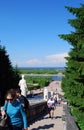 View from the staircase of The cascade of Fountains `Golden mountain` on the garden of Marli and the Neva Bay.