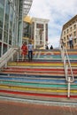 View of a staircase, shops and people in the Waterfront district, Cape Town, South Africa. Royalty Free Stock Photo