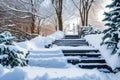 View of the stairs after a heavy snowfall.