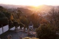 View of the stairway to the church of Bom Jesus do Monte in evening golden sunset light in Braga, Portugal. Royalty Free Stock Photo