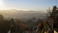 View of the stairway to the church of Bom Jesus do Monte in evening light in Braga, Portugal. Royalty Free Stock Photo