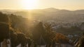 View of the stairway to the church of Bom Jesus do Monte in golden sunset light in Braga, Portugal. Royalty Free Stock Photo