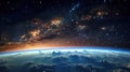 View of stars and milkyway above Earth from space. Beautiful space view of the Earth with cloud formation. Generative Ai Royalty Free Stock Photo