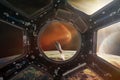 View of Starship taking off on a mission, from a porthole of ISS. Elements of this image furnished by NASA