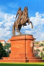 View of the statue of Francis II Rakoczi located next to the Hungarian Parliament Building, against the background of the city of Royalty Free Stock Photo