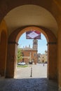 View of the statue of Giuseppe Verdi on the square of Giuseppe Verdi in Busseto, Italy from the theater of Giuseppe Verdi Royalty Free Stock Photo