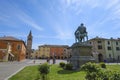 View of the statue of Giuseppe Verdi on the square of Giuseppe Verdi in Busseto, Italy