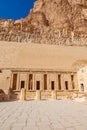 View of the statue, hieroglyph, relief and broken column at Amun Court in Mortuary Temple of Hatshepsut