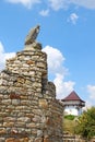 View of statue and tower as part of historic and culture reserve Busha, Vinnytsia region, Ukraine