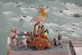 View of statues in hinduist temple Shri Makar Vahani Ganga Jee and Sita Ram Dham Ashram on the riverbank of Ganga in Rishikesh