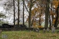 View of a Steam Engine Passing an Old Cemetery, Blowing Smoke Royalty Free Stock Photo