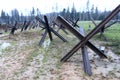 View of steel anti-tank obstacles