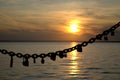 View of the steel chain of the fence of the embankment with locks hanging on it against the sunset sky.