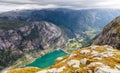 View from the steep cliff to Lyseboth norvegian village located at the end of Lysefjord, Forsand municipality, Rogaland county, Royalty Free Stock Photo