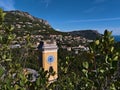 View of the steeple of historic church Notre-Dame-de-l\'Assomption in the old center of village Eze at the French Riviera. Royalty Free Stock Photo