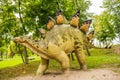 View of stegosaurus sculpture in Zaurolandia dinosaur park, Rogowo, Poland