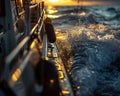 View from the stern of a fishing boat returning to harbor, tracing the way back, water shimmering with the afternoon sun. A day in Royalty Free Stock Photo