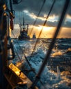 View from the stern of a fishing boat returning to harbor, tracing the way back, water shimmering with the afternoon sun. A day in Royalty Free Stock Photo