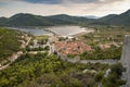 View of Ston town and its defensive walls, Peljesac Peninsula, Croatia. Ston was a major fort of the Ragusan Republic.