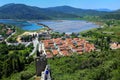 View of Ston town and its defensive walls, Peljesac Peninsula,