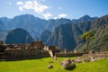 View of the stone buildings and ruins inside the lost Incan city of Machu Picchu Royalty Free Stock Photo