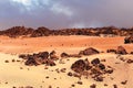 View on stone lava  desert , moon landscape in Teide National Park in sunny day, Tenerife Island, Canary Islands, Spain Royalty Free Stock Photo