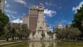 View of the stone sculpture of Miguel de Cervantes timelapse hyperlapse and bronze sculptures of Don Quixote and Sancho