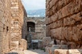 View of the stone walls of the old ancient crusader castle in the historic city of Byblos. The city is a UNESCO World Heritage