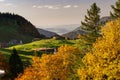 The view of Stoos holiday village and Zug lake in the warm rays of the setting sun Royalty Free Stock Photo