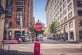 Brooklyn ,NY / USA - Jul 6 2019 : View of Washington Street where is a popular destination for tourists in Dumbo in the morning. Royalty Free Stock Photo