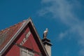 stork standing on chimney of alsacian medieval house on blue sky background Royalty Free Stock Photo