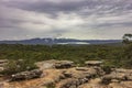 View during storm from sandstone cliff of Reeds Lookout in Grampians National Park, Victoria, Australia.