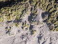 Looking down on coastal sand dunes. Aerial image.