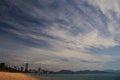 view of strange fleecy and stratus clouds above sea beach Royalty Free Stock Photo