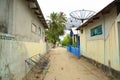 View of a streest on a local island, Maldives, Dhangethi. Traditional outdoor rope chairs.