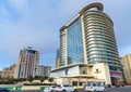 View on the street and Holiday Inn hotel and Caspian hotel in center city Baku. Azerbaijan Royalty Free Stock Photo