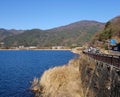 View on street with the lake in Kawaguchiko, Japan