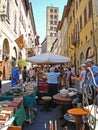 A view of a street nearby the Piazza Grande in Arezzo in Italy.