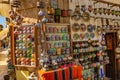 View of street sellers who sell traditional handmade art goods in Antalya historical downtown and old city at sunset warm