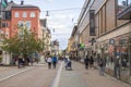 View of street with shops and boutiques day on summer day. Uppsala , Sweden,