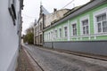 View street Vyborg, Russia, cobblestone road, buildings, old cit